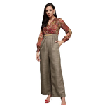 Women's V-Neck Bishop Sleeve Bohemian Patterned Straight Leg Wrap Regular Jumpsuit with Pockets