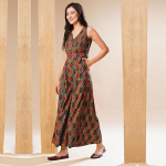 Women's Abstract Print Sleeveless V-Neck Full Length 100% Viscose Fusion Wear Jumpsuit with Waist Tie-Up