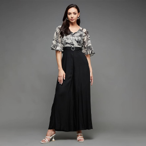 Women's V- Neck Ruffled Sleeve Wide Leg Regular-Length Polyester Printed Jumpsuit