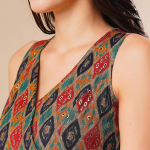 Women's Abstract Print Sleeveless V-Neck Full Length 100% Viscose Fusion Wear Jumpsuit with Waist Tie-Up